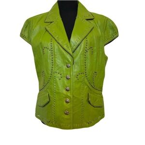 Double D Ranch Green Studded Leather Western Jacket Sz L Boho Rodeo Cowgirl Chic